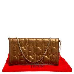 Pre Owned Carolina Herrera Metallic Gold Monogram Leather Chain Clutch