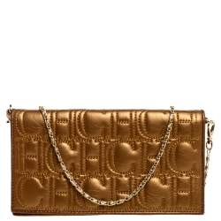 Pre Owned Carolina Herrera Metallic Gold Monogram Leather Chain Clutch