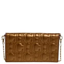 Pre Owned Carolina Herrera Metallic Gold Monogram Leather Chain Clutch