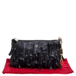 Pre Owned Carolina Hererra Black Leather Fringe Wristlet Clutch