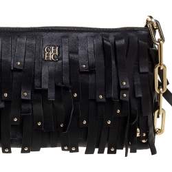 Pre Owned Carolina Hererra Black Leather Fringe Wristlet Clutch