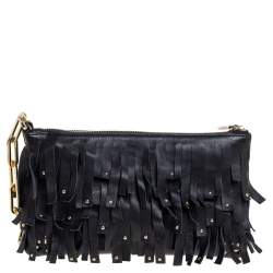 Pre Owned Carolina Hererra Black Leather Fringe Wristlet Clutch