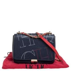 Pre Owned Carolina Herrera Navy Blue Leather Flap Shoulder Bag