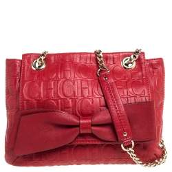 Pre Owned Carolina Herrera Red Monogram Leather Audrey Shoulder Bag