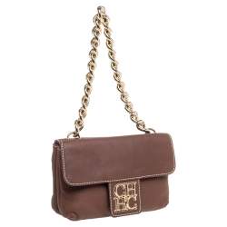 Pre Owned Carolina Herrera Brown Leather Double Flap Chain Bag