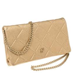 Pre Owned Carolina Herrera Gold Quilted Embossed Leather Flap Chain Clutch