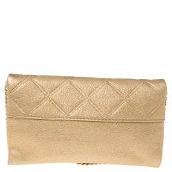 Pre Owned Carolina Herrera Gold Quilted Embossed Leather Flap Chain Clutch