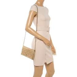 Pre Owned Carolina Herrera Gold Quilted Embossed Leather Flap Chain Clutch