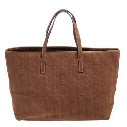 Pre Owned Carolina Herrera Brown Monogram Embossed Leather Shopper Tote