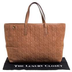 Pre Owned Carolina Herrera Brown Monogram Embossed Leather Shopper Tote