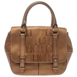 Pre Owned Carolina Herrera Metallic Bronze Monogram Leather Satchel