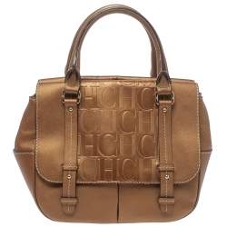 Pre Owned Carolina Herrera Metallic Bronze Monogram Leather Satchel