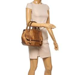 Pre Owned Carolina Herrera Metallic Bronze Monogram Leather Satchel