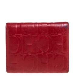Pre Owned Carolina Herrera Red Monogram Embossed Leather Trifold Wallet