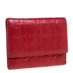 Pre Owned Carolina Herrera Red Monogram Embossed Leather Trifold Wallet