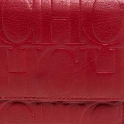 Pre Owned Carolina Herrera Red Monogram Embossed Leather Trifold Wallet