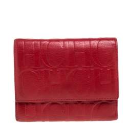 Pre Owned Carolina Herrera Red Monogram Embossed Leather Trifold Wallet