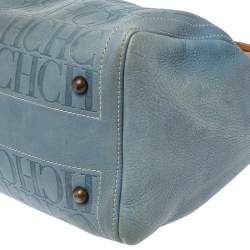 Pre Owned Carolina Herrera Light Blue Embossed Leather Andy Boston Bag