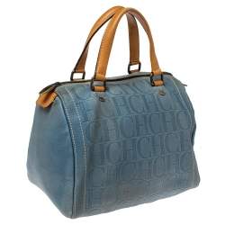 Pre Owned Carolina Herrera Light Blue Embossed Leather Andy Boston Bag
