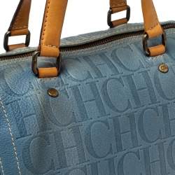 Pre Owned Carolina Herrera Light Blue Embossed Leather Andy Boston Bag