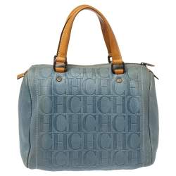 Pre Owned Carolina Herrera Light Blue Embossed Leather Andy Boston Bag