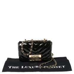 Pre Owned Carolina Herrera Black Chevron Quilt Patent Leather Mini Bimba Chain Bag