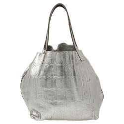 Pre Owned Carolina Herrera Metallic Silver Monogram Leather Matryoshka Tote