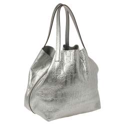 Pre Owned Carolina Herrera Metallic Silver Monogram Leather Matryoshka Tote