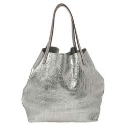 Pre Owned Carolina Herrera Metallic Silver Monogram Leather Matryoshka Tote