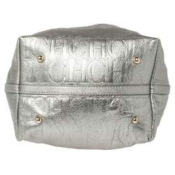 Pre Owned Carolina Herrera Metallic Silver Monogram Leather Matryoshka Tote