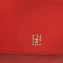 Pre Owned Carolina Herrera Crimson Red Leather Flap Chain Shoulder Bag