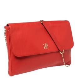 Pre Owned Carolina Herrera Crimson Red Leather Flap Chain Shoulder Bag