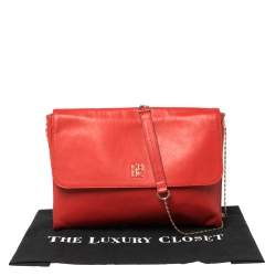 Pre Owned Carolina Herrera Crimson Red Leather Flap Chain Shoulder Bag