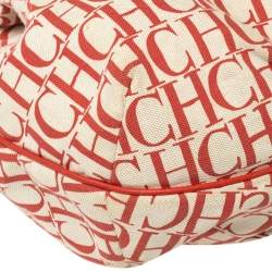 Pre Owned Carolina Herrera Red Signature Canvas and Leather Double Strap Hobo