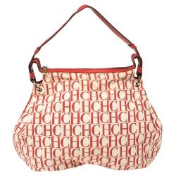 Pre Owned Carolina Herrera Red Signature Canvas and Leather Double Strap Hobo