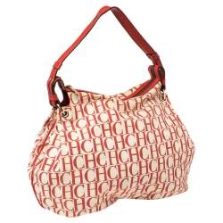 Pre Owned Carolina Herrera Red Signature Canvas and Leather Double Strap Hobo