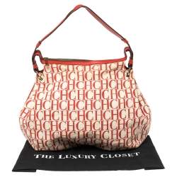 Pre Owned Carolina Herrera Red Signature Canvas and Leather Double Strap Hobo