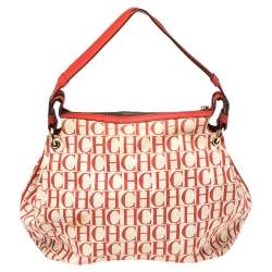 Pre Owned Carolina Herrera Red Signature Canvas and Leather Double Strap Hobo