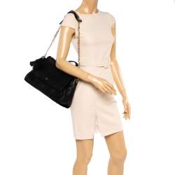 Carolina Herrera Black Leather Flap Tassel Top Handle Bag
