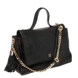 Carolina Herrera Black Leather Flap Tassel Top Handle Bag