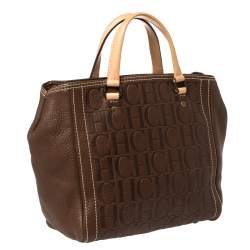 Pre Owned Carolina Herrera Dark Brown Monogram Embossed Leather Tote