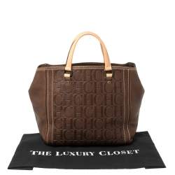 Pre Owned Carolina Herrera Dark Brown Monogram Embossed Leather Tote
