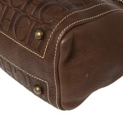 Pre Owned Carolina Herrera Dark Brown Monogram Embossed Leather Tote