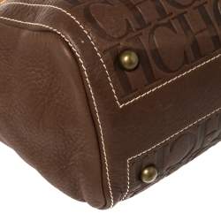 Pre Owned Carolina Herrera Dark Brown Monogram Embossed Leather Tote