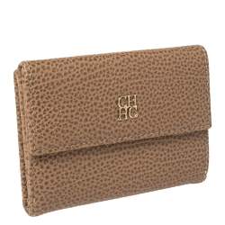 Pre Owned Carolina Herrera Beige Leather Card Holder Wallet