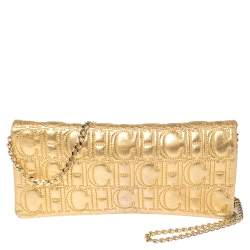 Pre Owned Carolina Herrera Gold Monogram Leather Jerry Chain Clutch