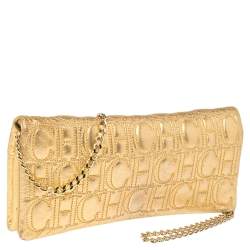 Pre Owned Carolina Herrera Gold Monogram Leather Jerry Chain Clutch
