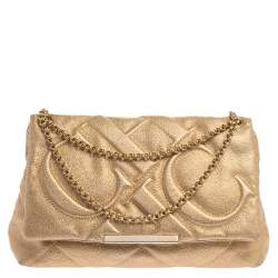 Pre Owned Carolina Herrera Metallic Gold Quilted Leather Flap Chain Shoulder Bag