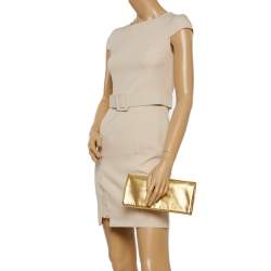 Pre Owned Carolina Herrera Gold Leather Flap Logo Clutch