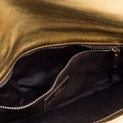 Pre Owned Carolina Herrera Gold Leather Flap Logo Clutch